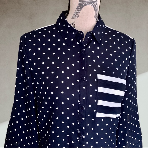 Navy blue polka dot & pinstripe blouse SMALL - Picture 6 of 10